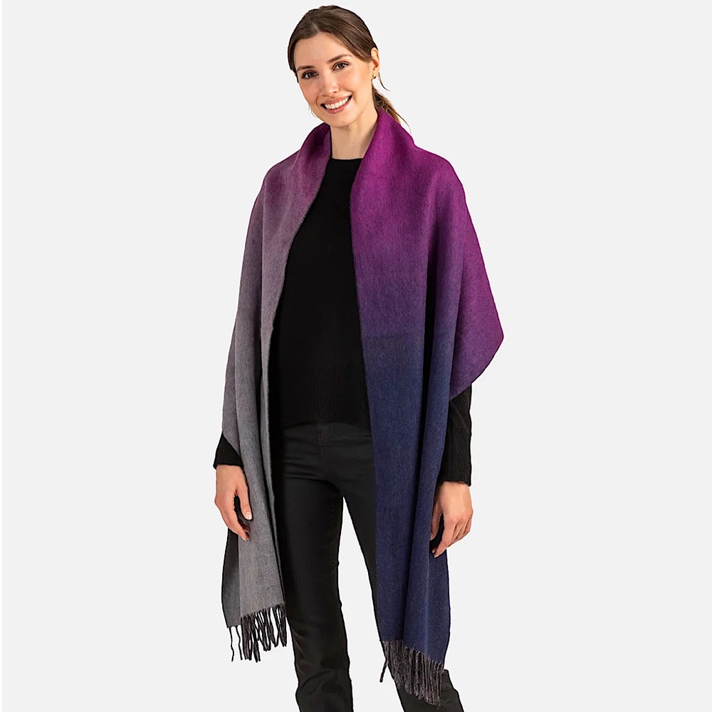 Amicale Purple/ Black Double Face Cashmere Blend Ombré Gradient Scarf Wrap